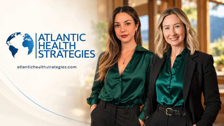Two women in stylish green blouses pose confidently next to a logo for Atlantic Health Strategies