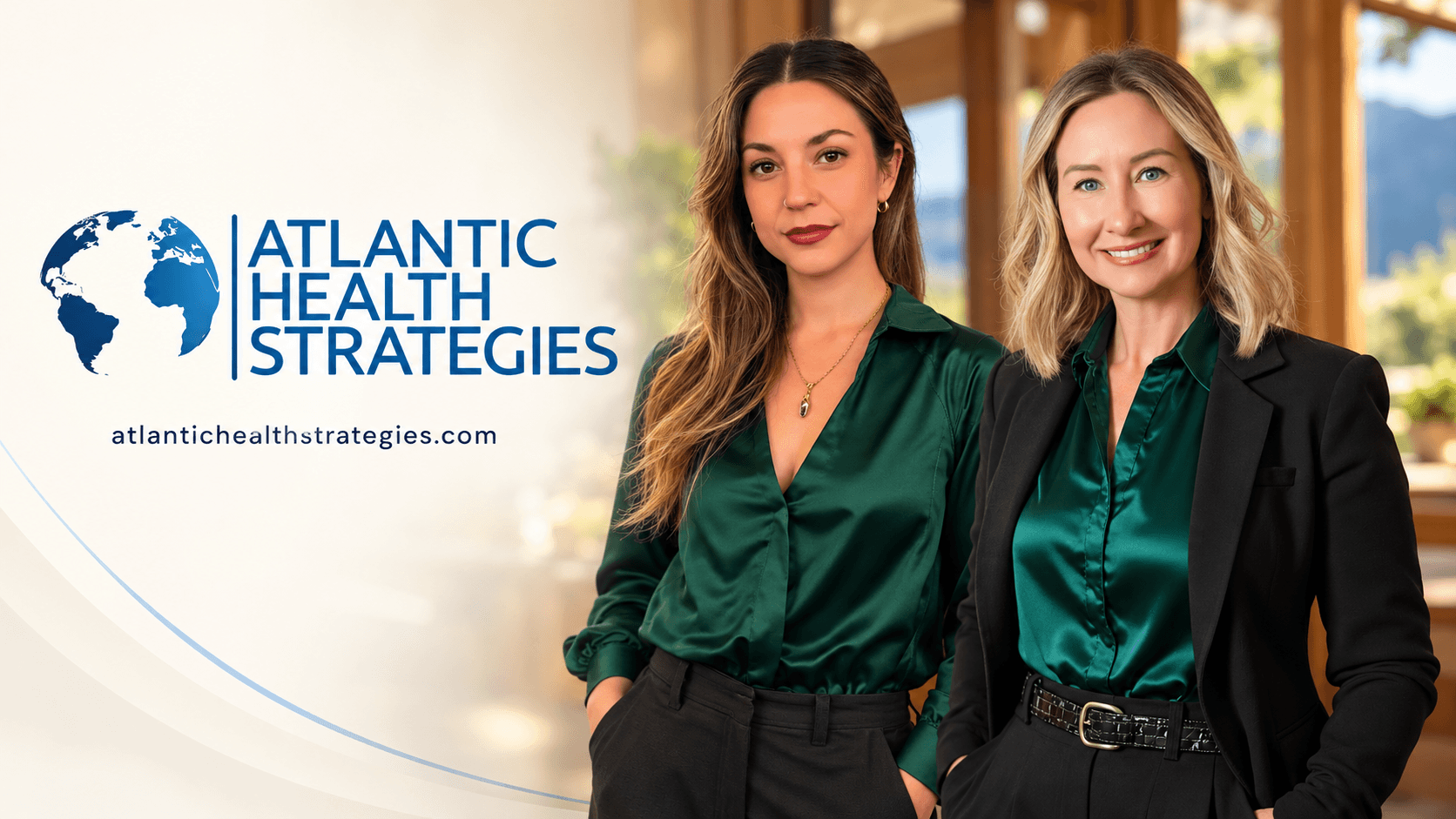 Two women in stylish green blouses pose confidently next to a logo for Atlantic Health Strategies