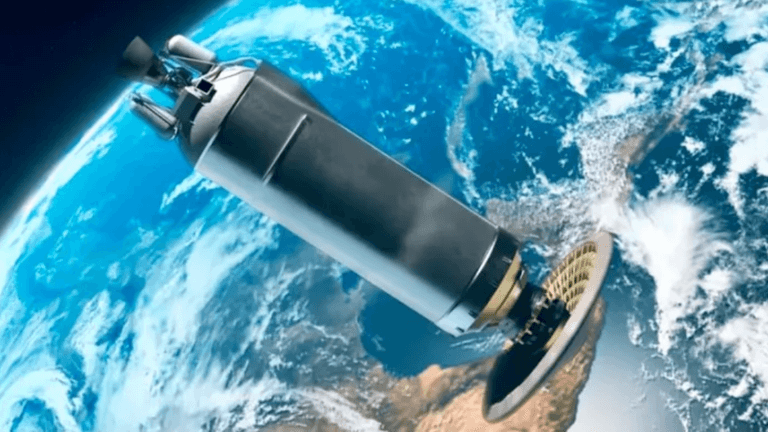 Futuristic spacecraft hovering above Earth with a detailed view of the planet's surface
