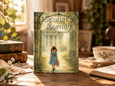 Book titled "Scarlet's Journey" displayed on a wooden table with flowers and tea.