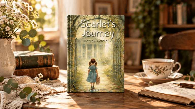 Book titled "Scarlet's Journey" displayed on a wooden table with flowers and tea.