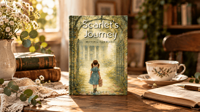 Book titled "Scarlet's Journey" displayed on a wooden table with flowers and tea.