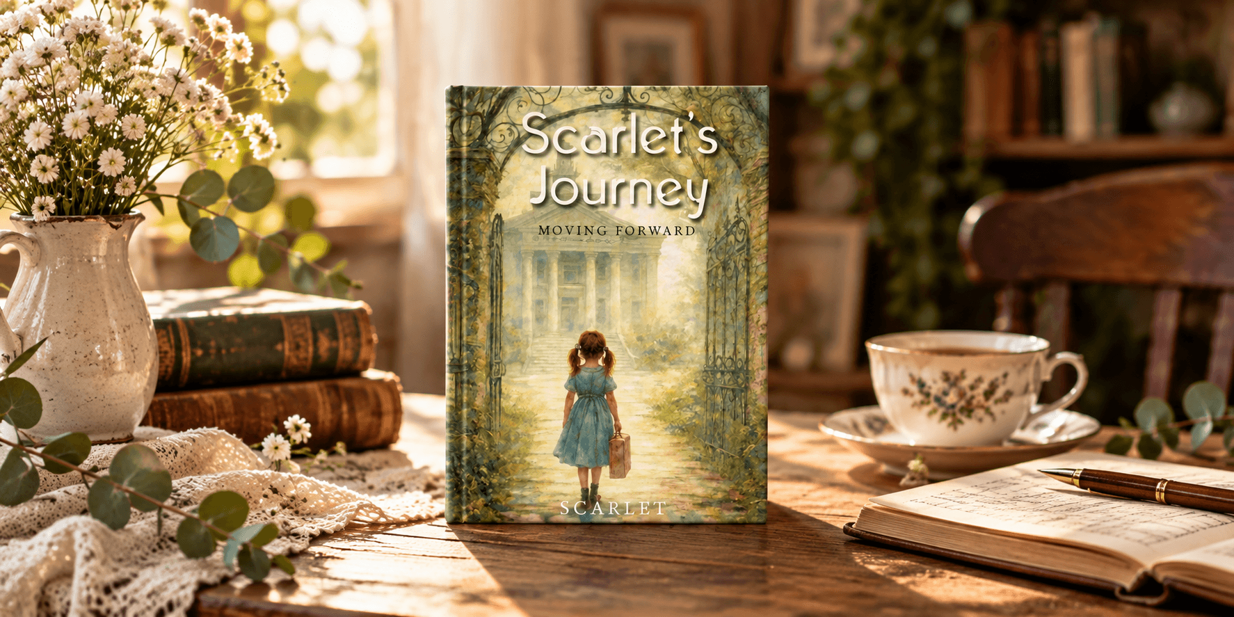 Book titled "Scarlet's Journey" displayed on a wooden table with flowers and tea.