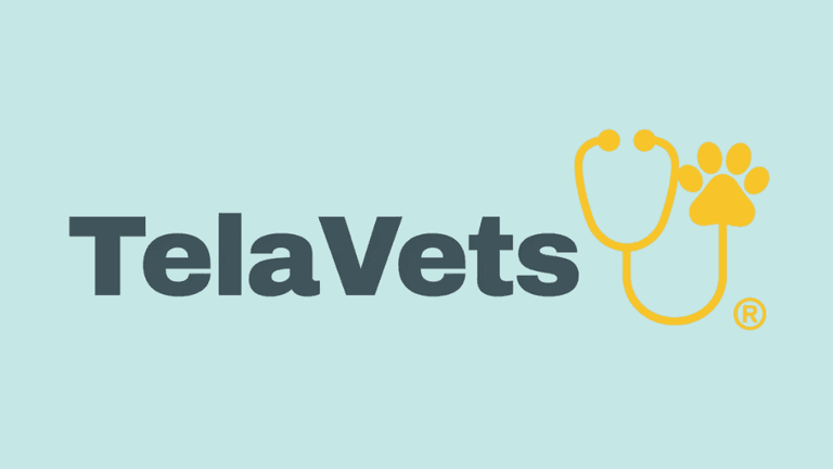 Logo of TelaVets featuring a stethoscope and a paw print in yellow