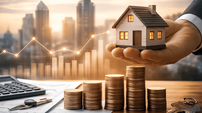 Hand holding a model house above stacks of coins and a calculator with graphs in background