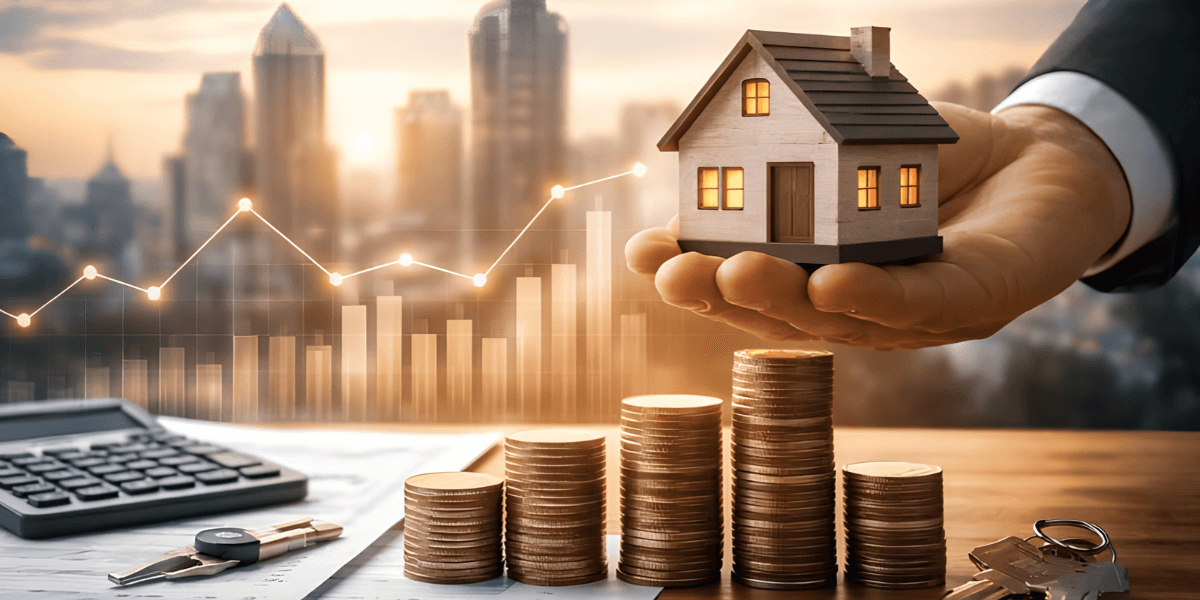 Hand holding a model house above stacks of coins and a calculator with graphs in background