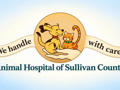 Logo of Animal Hospital of Sullivan County featuring a dog and cat with a caring hand