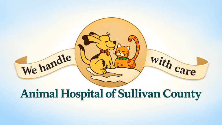 Logo of Animal Hospital of Sullivan County featuring a dog and cat with a caring hand