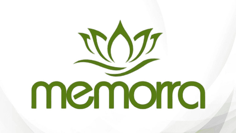 Green logo design featuring a lotus flower and the word "memorra" below it