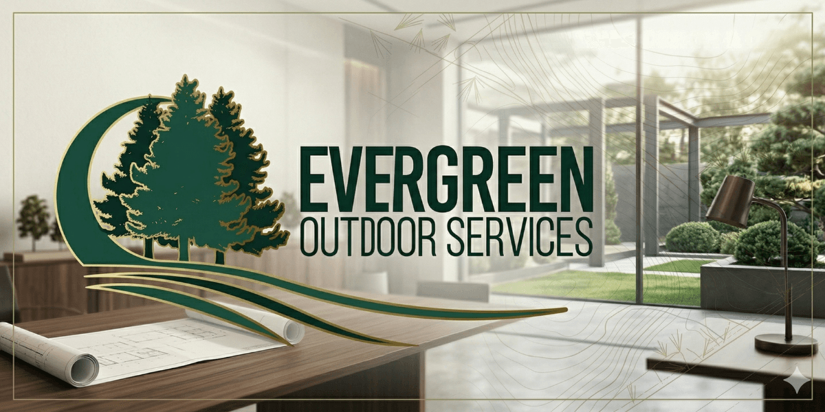 Evergreen Outdoor Services logo over modern landscaped backyard with patio, greenery, and architectural plans on desk