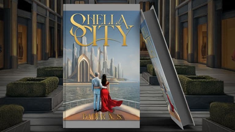 the book cover of Shella City, showcasing futuristic city architecture with a couple in elegant attire.