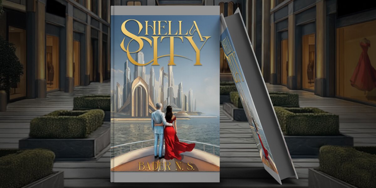 the book cover of Shella City, showcasing futuristic city architecture with a couple in elegant attire.