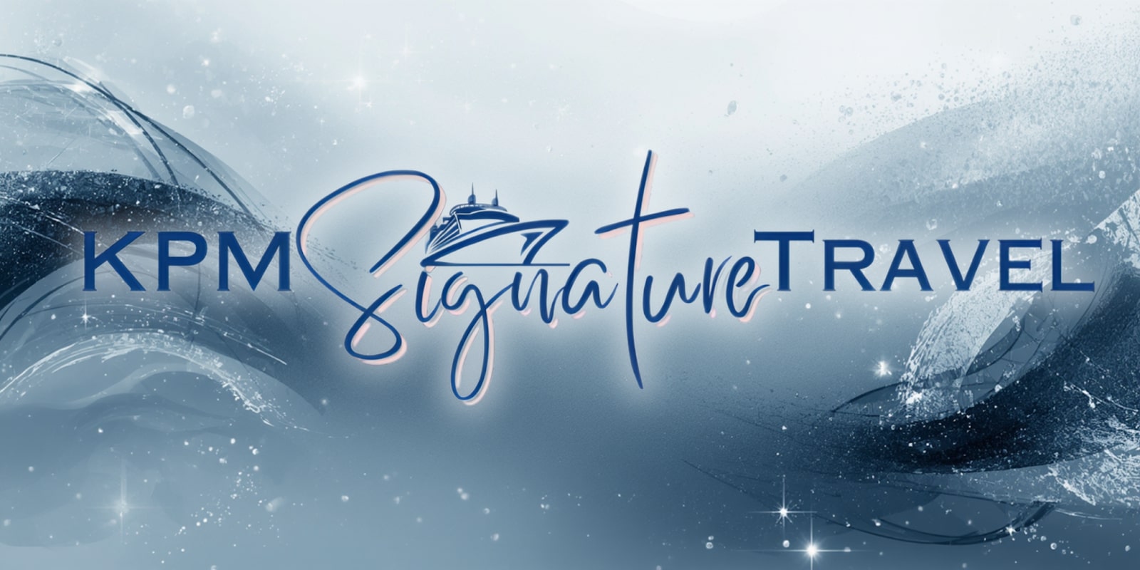 KPM Signature Travel logo with elegant waves and a cruise ship, symbolizing luxury and transformative journeys.