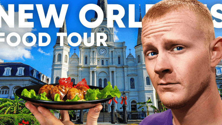 Man holding gourmet dish in front of St. Louis Cathedral with text "New Orleans Food Tour" promoting Potluck Patrol.