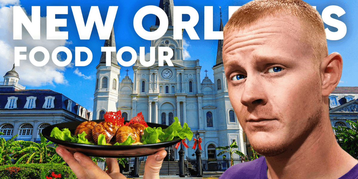 Man holding gourmet dish in front of St. Louis Cathedral with text "New Orleans Food Tour" promoting Potluck Patrol.