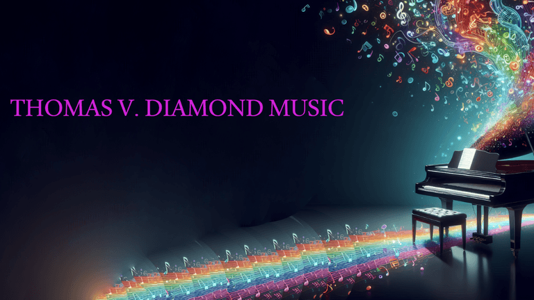 Thomas V. Diamond's logo with a colorful music visualizer emerging from a piano, symbolizing his unique musical blend.