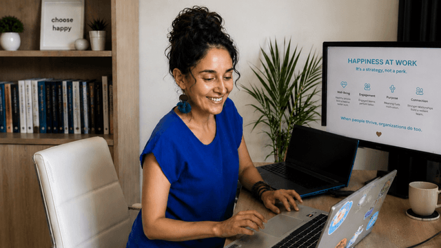Daniela Jines working at her desk with workplace happiness presentation on screen.