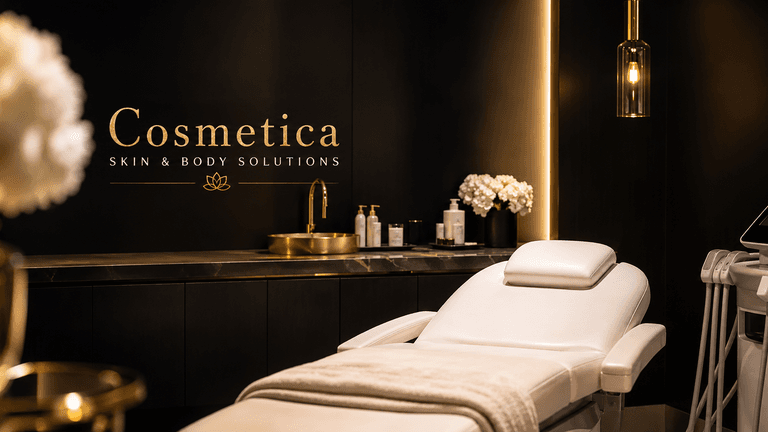 Modern Cosmetica treatment room with aesthetic chair, skincare products, and advanced cosmetic treatment equipment.