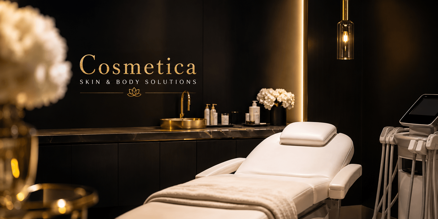 Modern Cosmetica treatment room with aesthetic chair, skincare products, and advanced cosmetic treatment equipment.