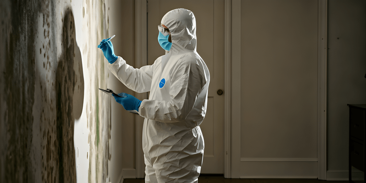 Mold testing specialist preparing a sample for analysis after water damage in a Seattle property.