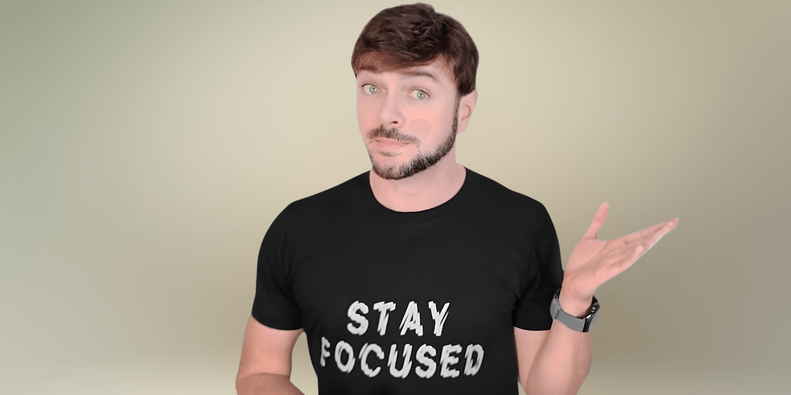 Chris Gibson, holistic esthetician, shares skincare tips in a 'Stay Focused' t-shirt, embodying a natural beauty philosophy.