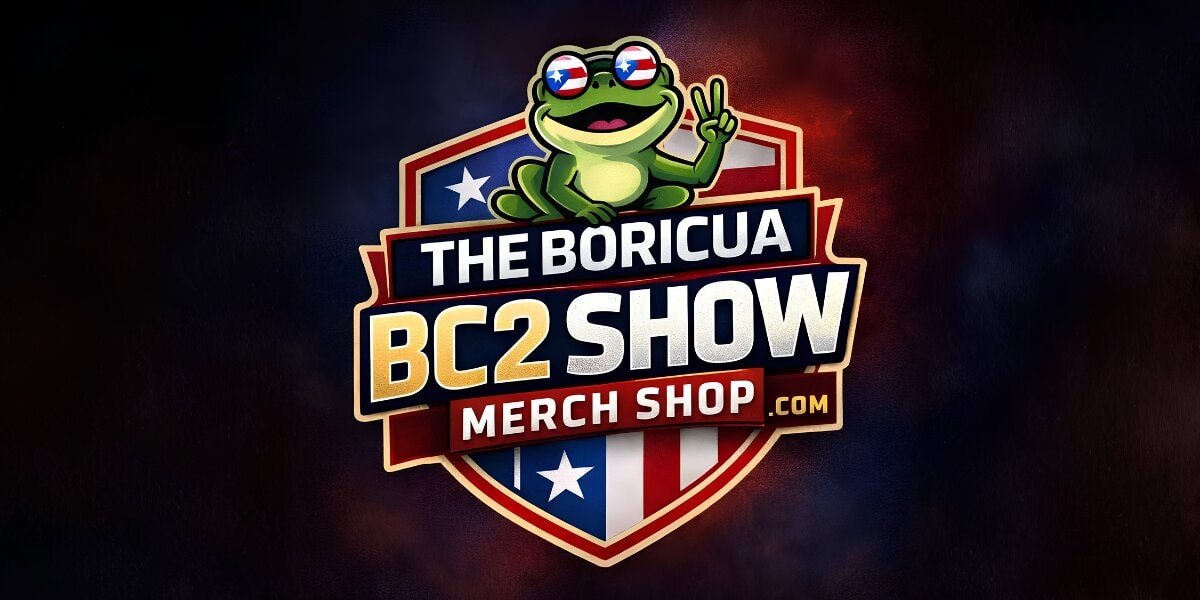 The Boricuabc2 Show logo with a cartoon frog over a Puerto Rican flag shield and merch shop branding.