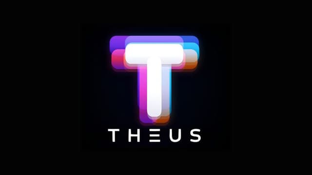 Theus logo on a black background with a multicolored stylized letter T.