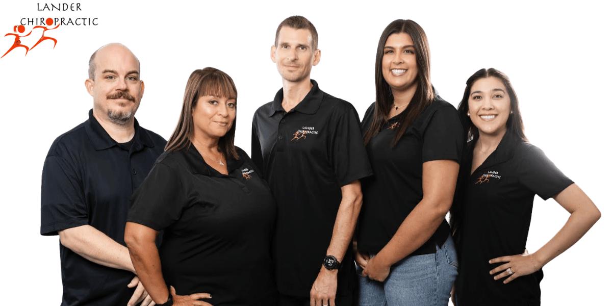Lander Chiropractic team smiling together, representing personalized, family-focused chiropractic and acupuncture care in Brea for all ages.