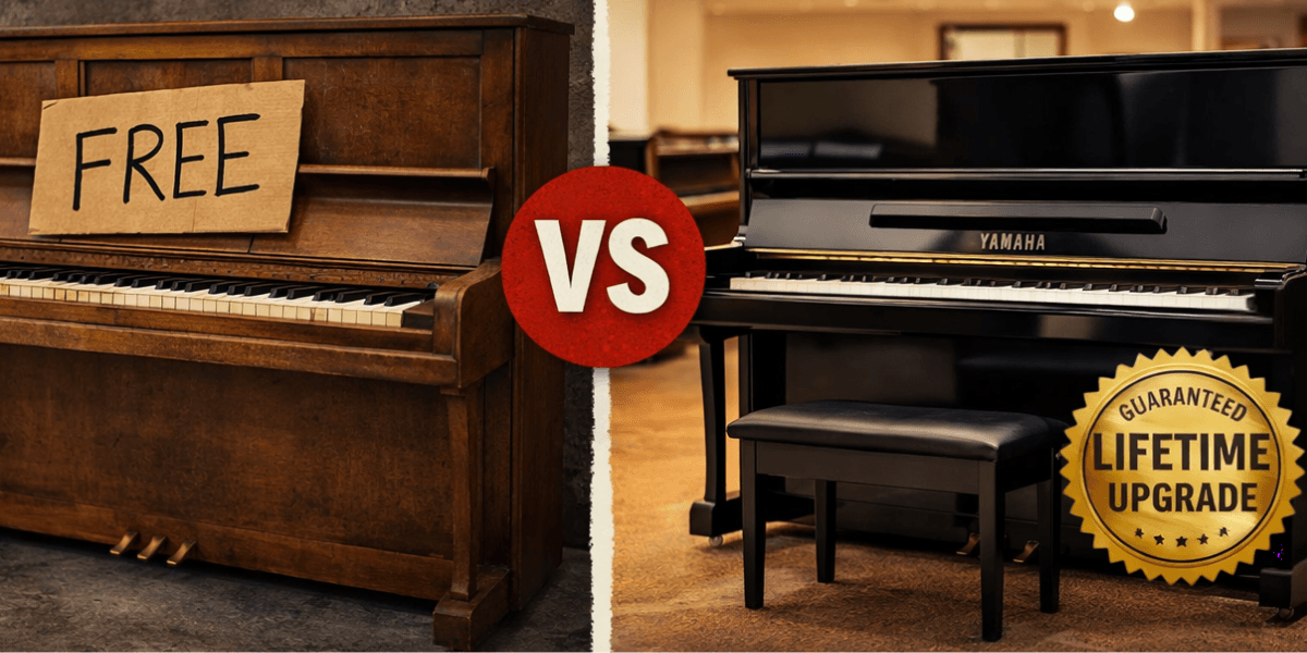 Used piano in showroom, highlighting professional inspection, repair, and moving services, emphasizing quality, reliability, and music community support