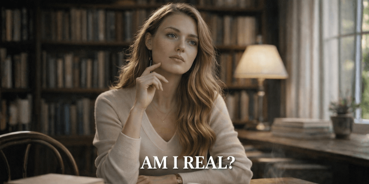 Woman sitting in a library contemplating with the text 'Am I real?' reflecting the blurred line between synthetic and authentic visuals.
