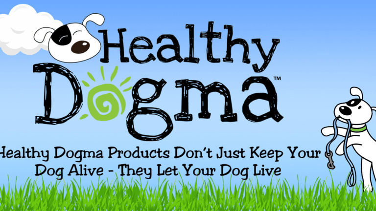 Healthy Dogma promotional banner with dog holding leash and slogan about products that let dogs live