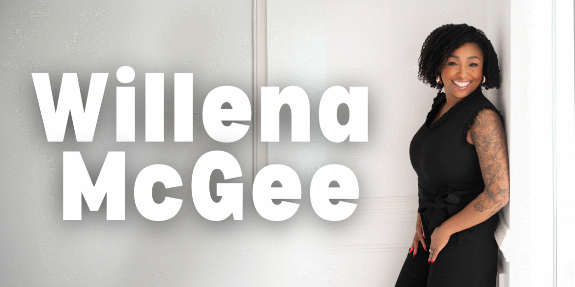 "Willena McGee posing in a black jumpsuit, with her name 'Willena McGee' in bold white text over a soft, light-colored background, showcasing her professional presence."