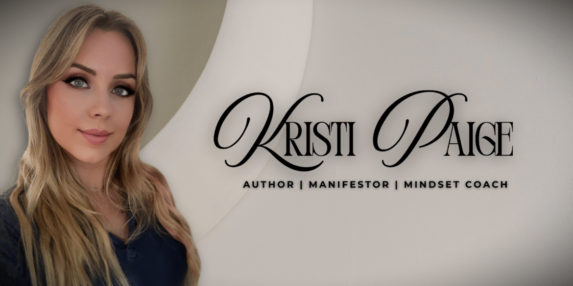 Kristi Paige, manifestation author and mindset coach, with text highlighting her roles and transformative spiritual work.