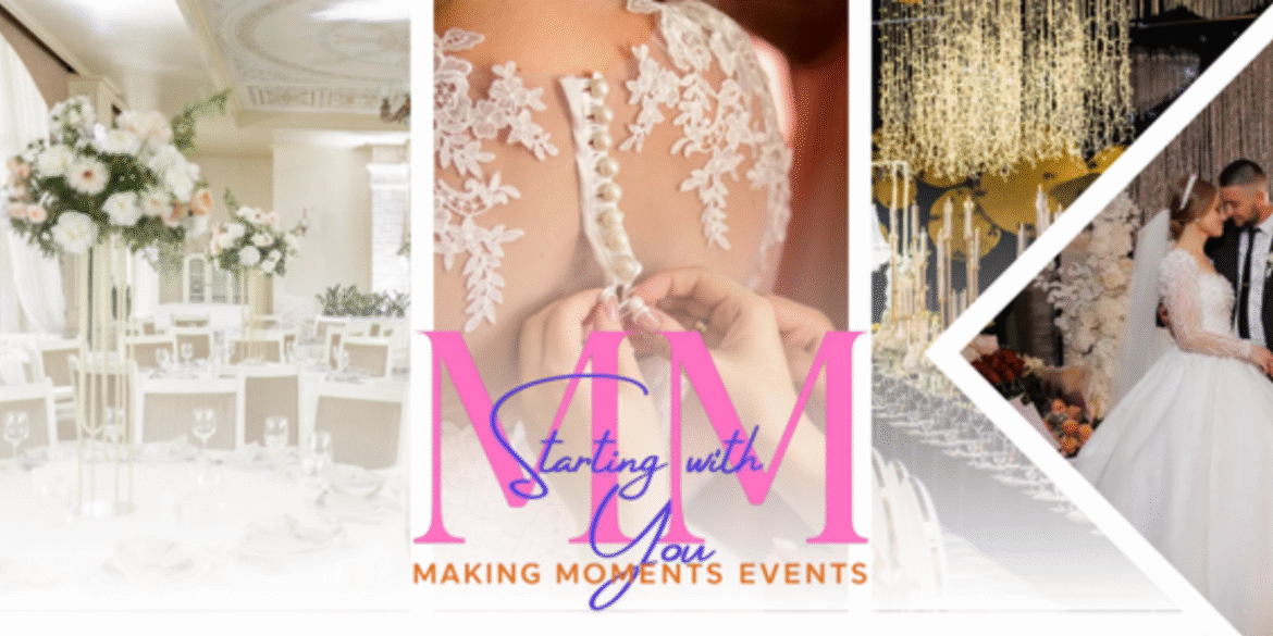 Elegant wedding decor and bride's dress showcasing luxury event planning on a budget.