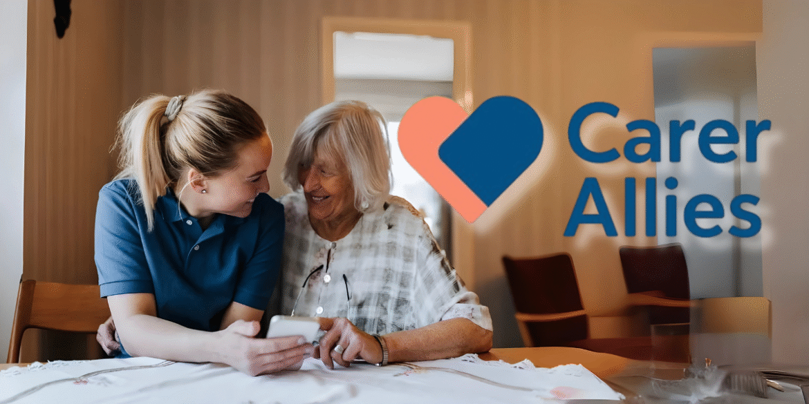 Caregiver and elderly person smiling together, with the Carer Allies logo in the background, symbolizing support for carers.