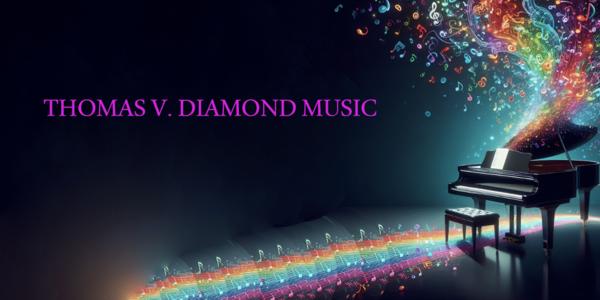 Thomas V. Diamond's logo with a colorful music visualizer emerging from a piano, symbolizing his unique musical blend.