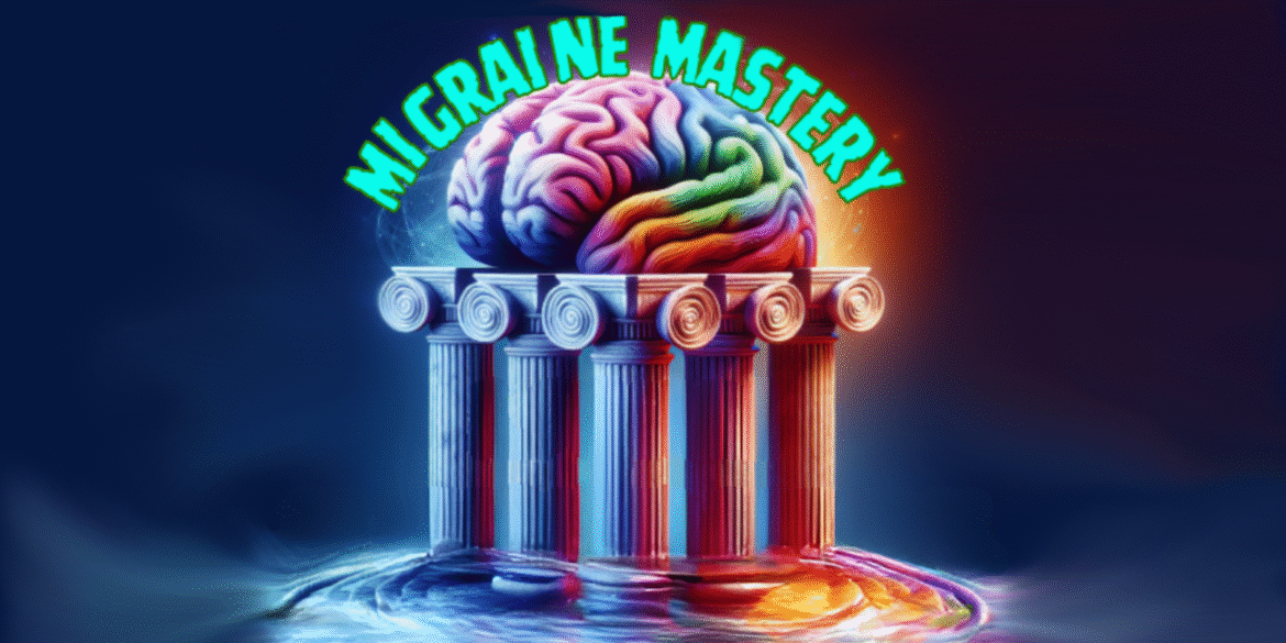 The image features a colorful brain on columns with "Migraine Mastery" text, symbolizing migraine management and educational mastery.