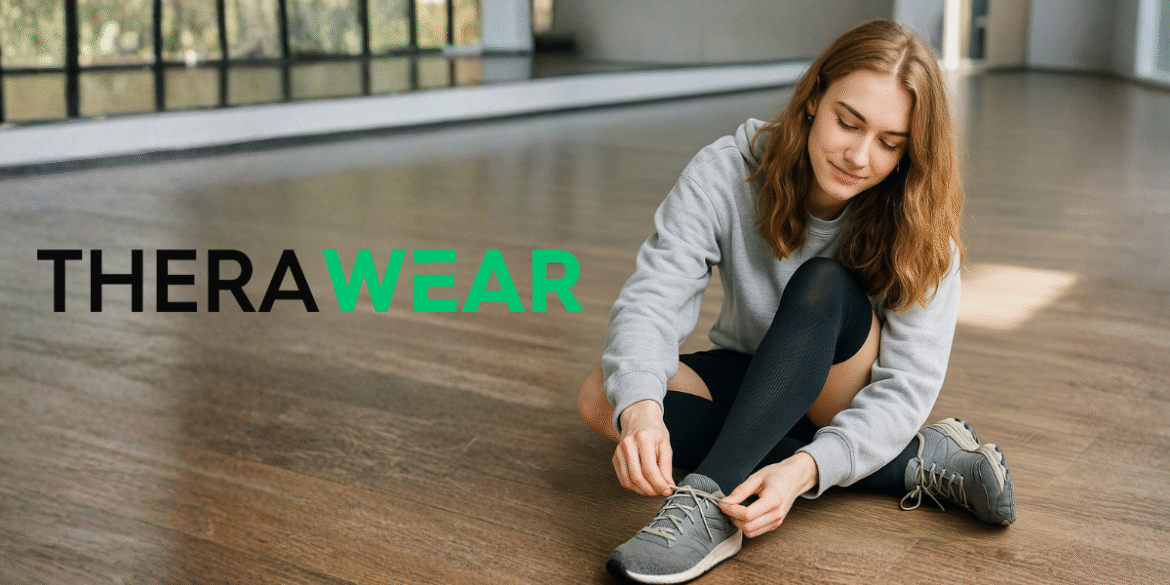 person tying their sneakers in workout gear, demonstrating comfort and flexibility, reflecting TheraWear's focus on leg health.