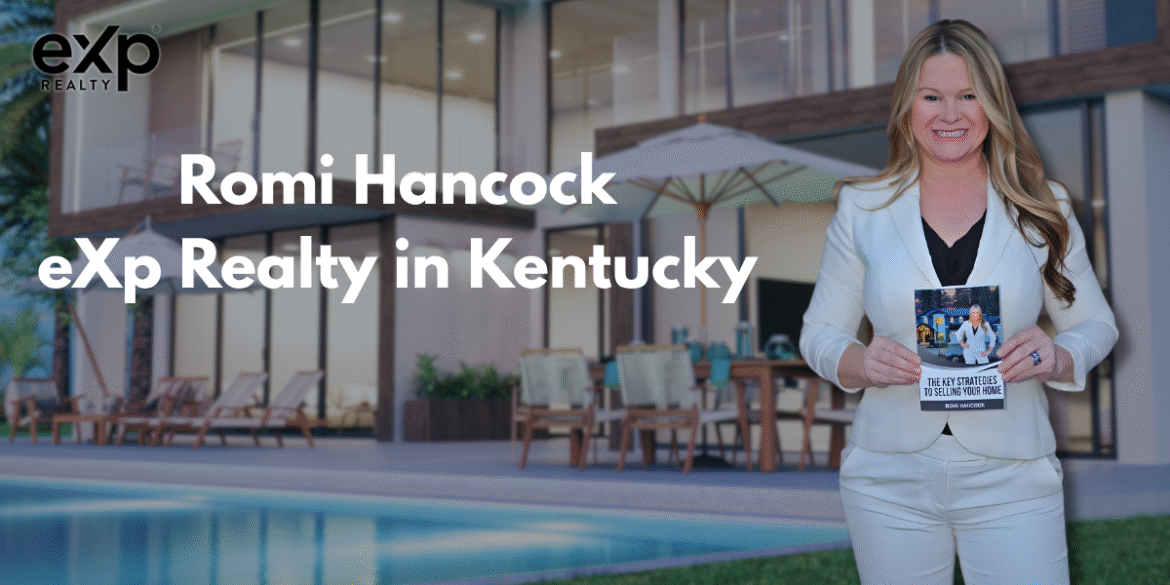 Romi Hancock holding a book titled 'The Key Strategies to Selling Your Home' outside a modern Kentucky home.