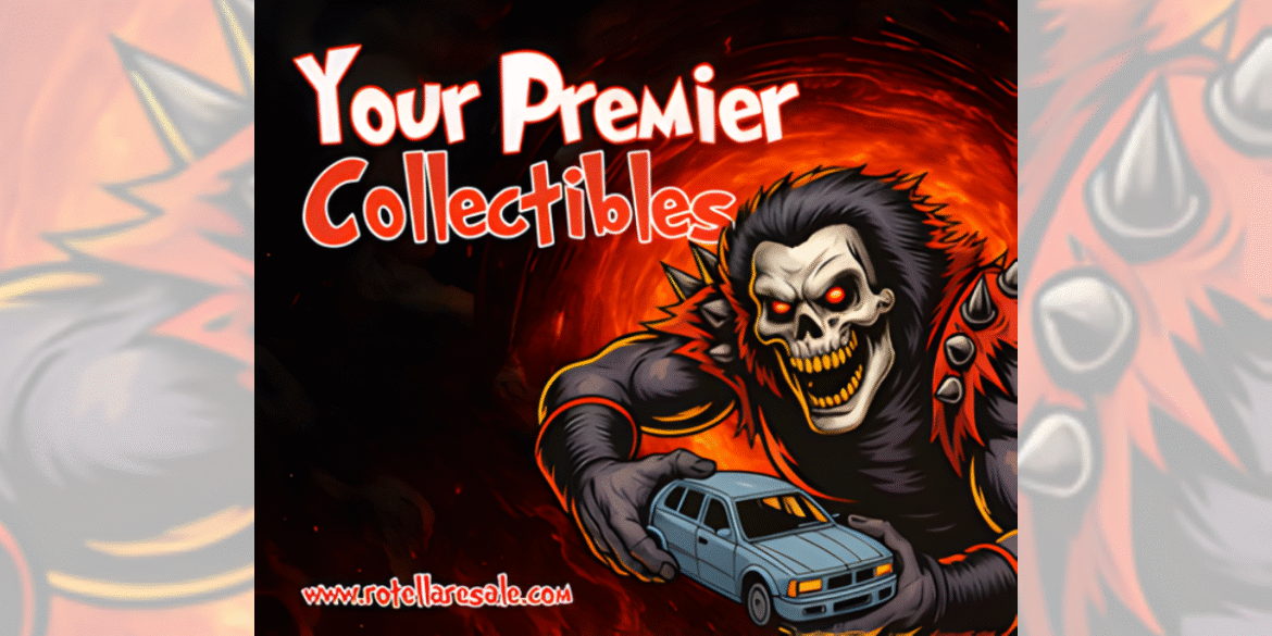 "Rotella Resale logo with a dynamic design, offering collectibles, novelties, and unique gifts with free shipping and family values."