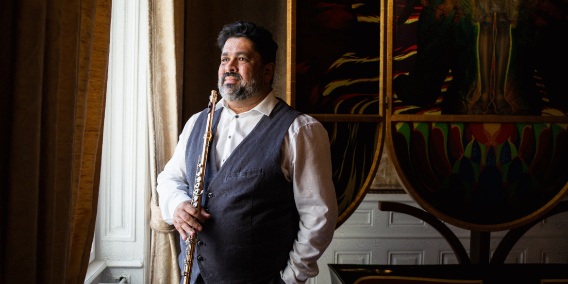 "James Strauss, world-renowned flutist, celebrating his 50th anniversary with a performance that showcases his golden tone and artistry."