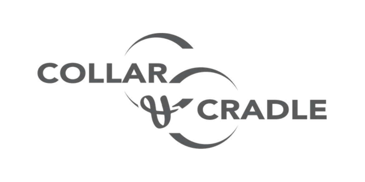 Collar and Cradle logo features bold, dark gray text with sleek sans-serif font and circular arcs around the ampersand.