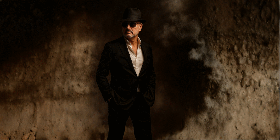 DJ Beba in dark suit and hat standing against textured brown background.
