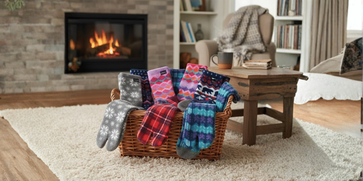 Cozy basket filled with colorful Polar Feet fleece socks placed near a warm fireplace, evoking comfort and warmth.