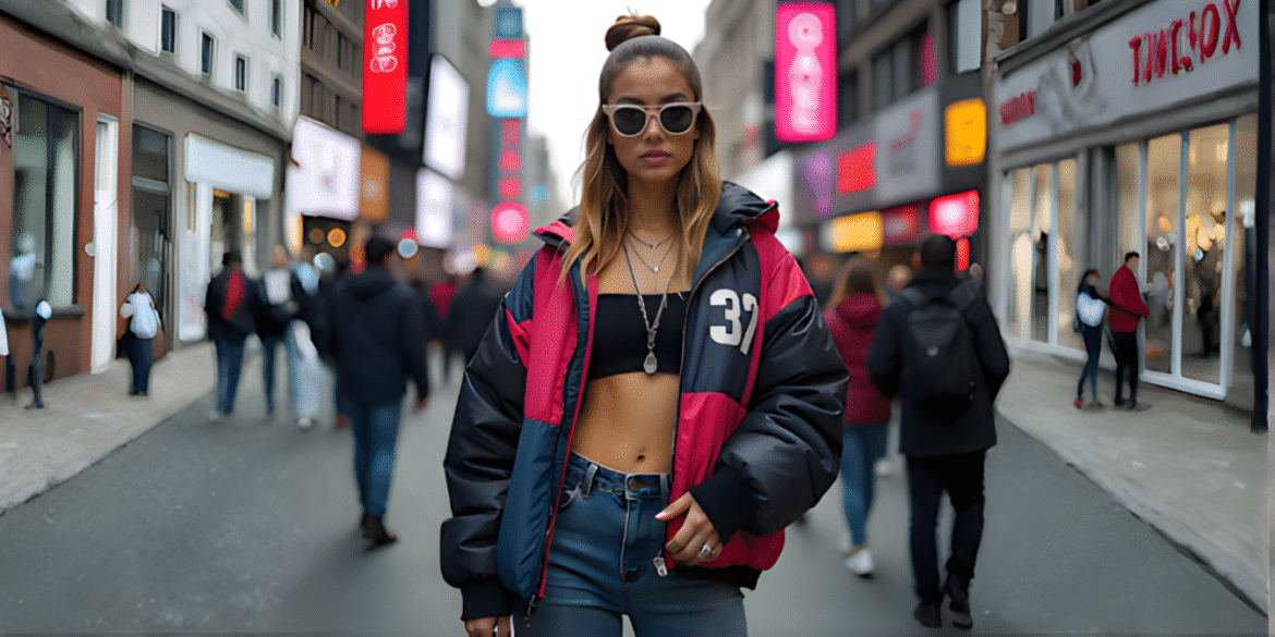 "Young woman in a colorful oversized jacket, cropped top, and jeans, standing confidently in a busy city street with digital billboards."