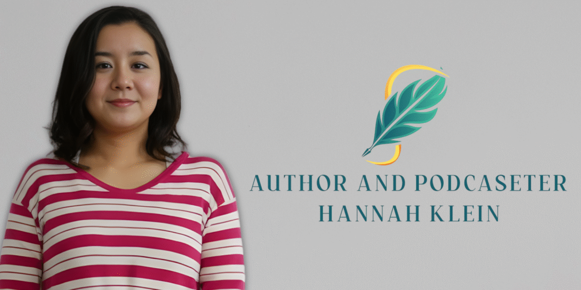 Portrait of Hannah Klein, author and podcaster, with a feather logo symbolizing her focus on responsible media and dialogue.
