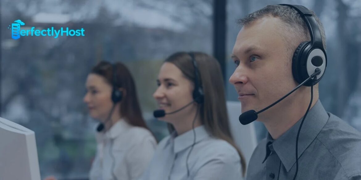 a group of customer service representatives wearing headsets, providing support in a modern, office setting for PerfectlyHost.