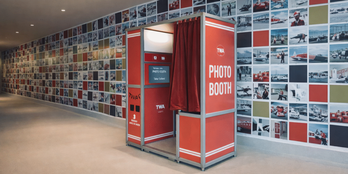 TWA photo booth surrounded by vibrant retro-themed wall of photos, offering a nostalgic interactive experience.