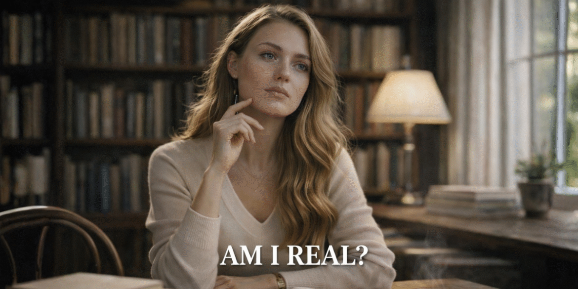 Woman sitting in a library contemplating with the text 'Am I real?' reflecting the blurred line between synthetic and authentic visuals.