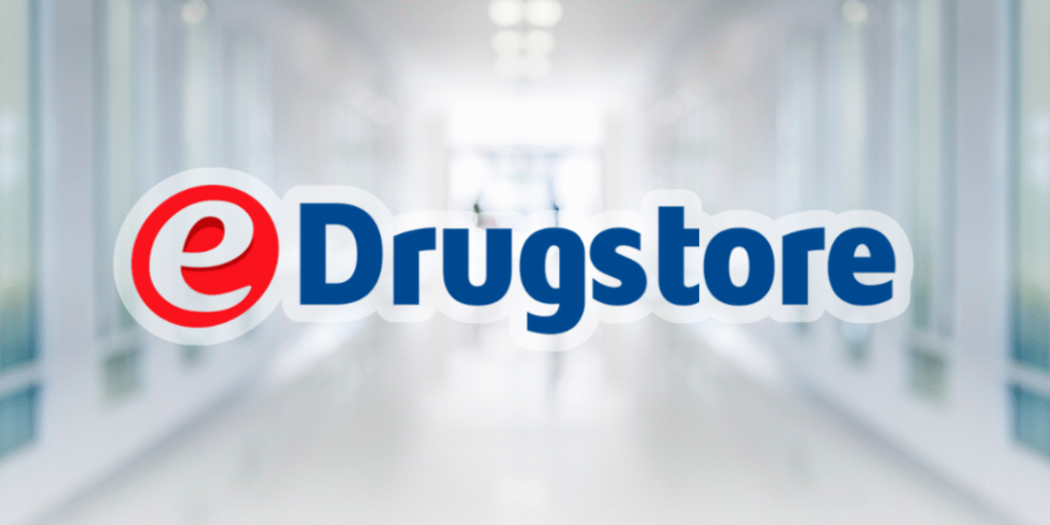 eDrugstore logo with a blurred healthcare setting in the background.